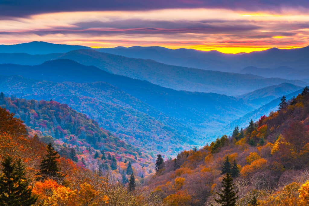 Smoky Mountains National Park, Tennessee, USA autumn landscape at dawn. Floors in Tennessee