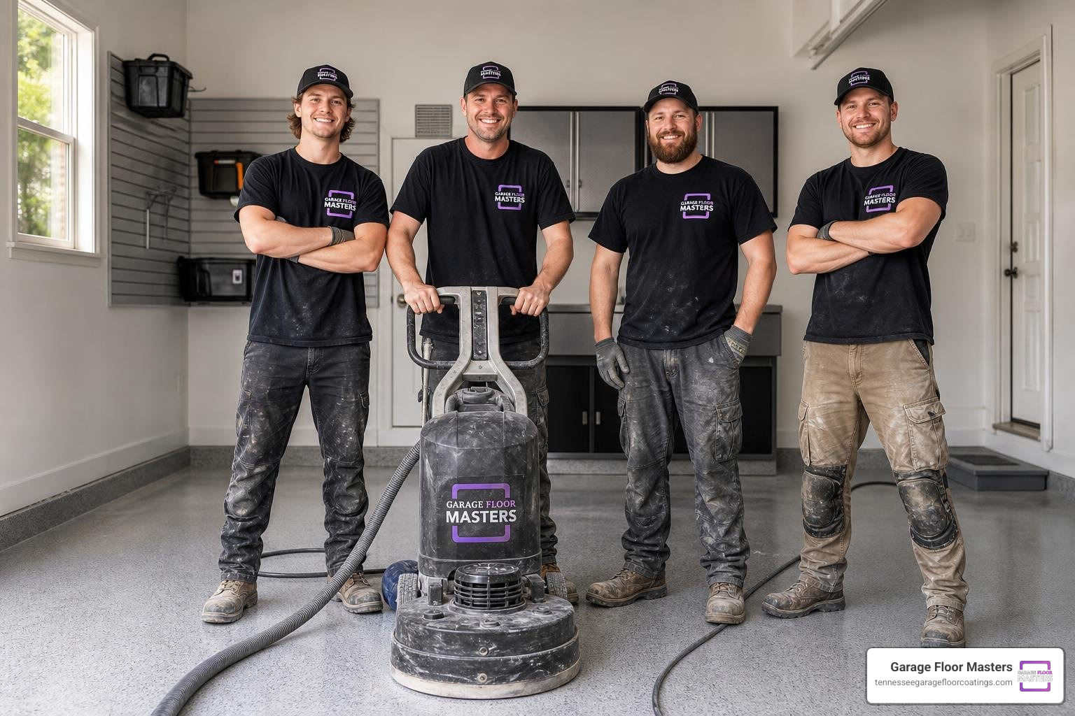 a-comprehensive-guide-to-garage-floor-masters-knoxville-tn-image Garage Floor Masters team standing proudly with professional concrete grinding equipment